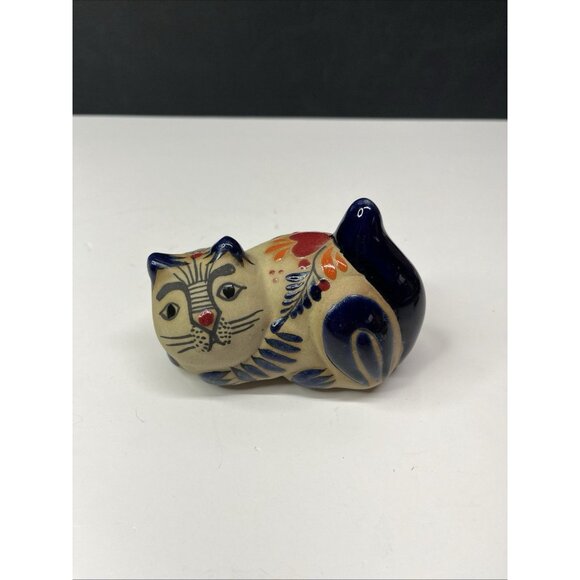 Mexican Tonala Cat Figurine Flower Folk Art Pottery Hand Painted Cancun 4” - Picture 11 of 11